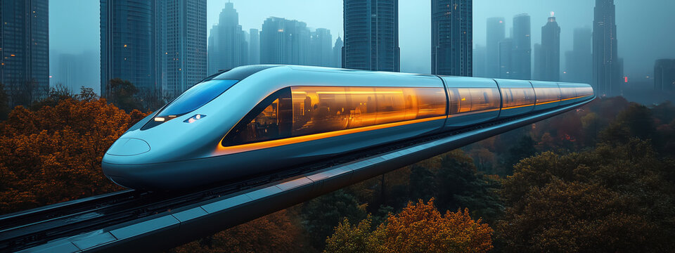 High-Speed Futuristic Train Moving Through a Futuristic Cityscape with Elevated Tracks and Sleek Urban Environment