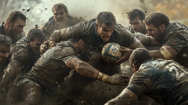 Rugby players in a muddy scrum action shot