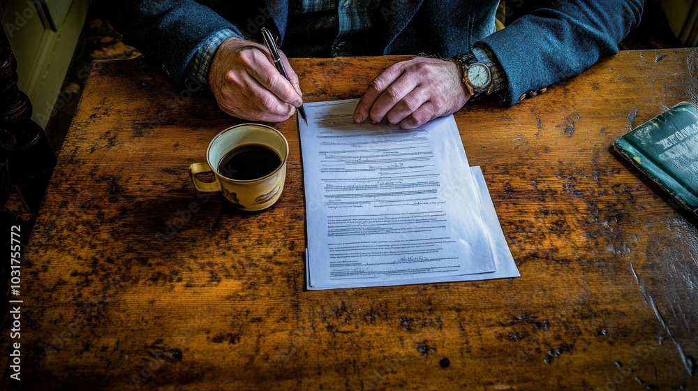 Poster man signing a document at a wooden table