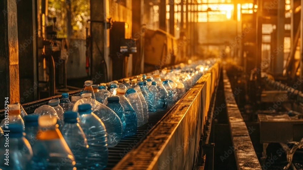 Poster Water Bottles Moving on a Conveyor Belt in a Factory Setting