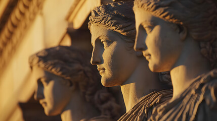 A close-up of the Caryatids on the Erechtheion at the Acropolis their delicate features bathed in soft afternoon light.