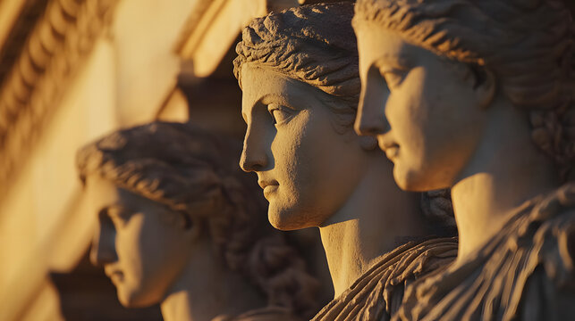 A close-up of the Caryatids on the Erechtheion at the Acropolis their delicate features bathed in soft afternoon light.