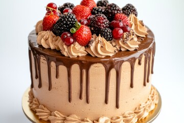 A chocolate cake with a chocolate ganache drizzle, decorated with fresh berries and whipped cream.