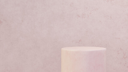 Background featuring an empty product display mockup with a pink backdrop and abstract geometric platforms designed for showcasing merchandise in landscape orientation.