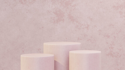 Background featuring an empty product display mockup with a pink backdrop and abstract geometric platforms designed for showcasing merchandise in landscape orientation.