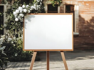 Rustic Wedding Welcome Sign Mockup: A blank canvas for your wedding greetings, this rustic wooden easel stands proudly in a garden setting, adorned with lush greenery and delicate white blooms.