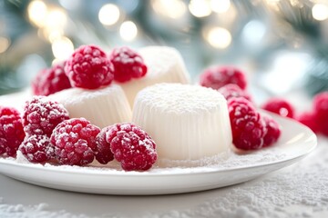 Delicious white mousse with raspberries on a white plate.