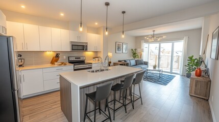Modern Kitchen and Living Room Interior with Kitchen Island and Bar Stools
