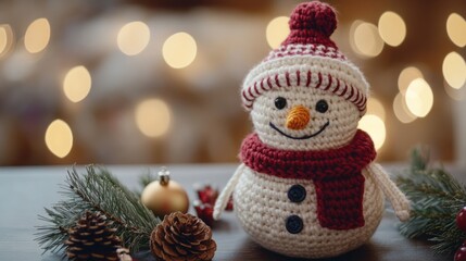 Obraz premium Festive Crocheted Snowman with Holiday Decorations