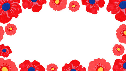 Horizontal frame of cute red flowers, watercolor painting hand-drawn illustration