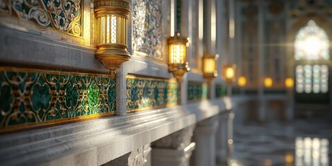 Fototapeta premium Elegant Mosaic Wall with Ornate Lanterns and Sunlight