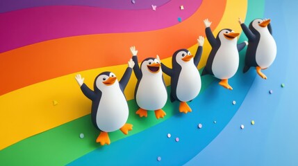 Obraz premium Playful cartoon penguins dancing on a rainbow background with colorful confetti