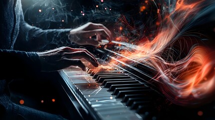 Pianist Performing Swirling Abstract Art on Piano Keys with Blank Background for Text
