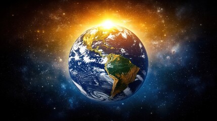 Fototapeta premium A glowing Earth with a radiant sun shining behind it against a dark space background.