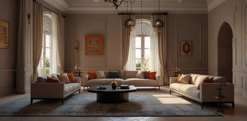 minimalist moroccan style interior design living room. Moroccan living room, rich Moorish style, Marrakech evening view.