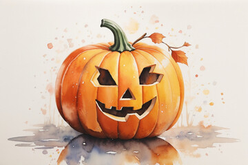 Jack o lantern watercolor illustration splatter paint background reflected in the rain.