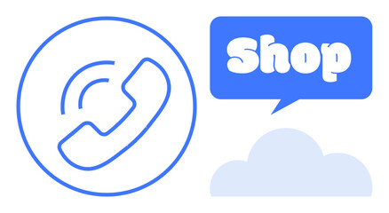 Phone receiver inside a circle, shop text in a speech bubble and a cloud shape, blue and white. Ideal for online retail, customer service, telecommunications, digital marketing, cloud computing
