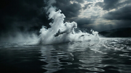 Fototapeta premium Black and white smoke and mist over water surface with copy space 