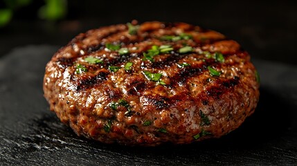 a gourmet mushroom-based burger patty with fresh ingredients, ready for grilling on a rustic background. 
