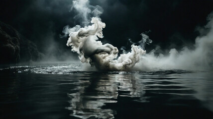 Black and white smoke and mist over water surface with copy space 