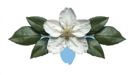 Obraz premium White Cherry Blossom Flower with Green Leaves on Blue Background Spring Floral Photograp