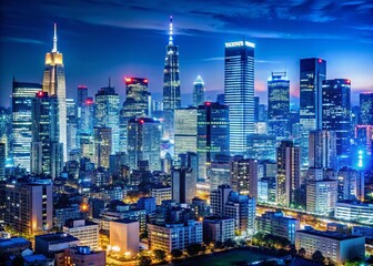 Naklejka premium Vibrant City Skyline at Night - Minimalist Photography of Urban Lights and Deep Blue Sky