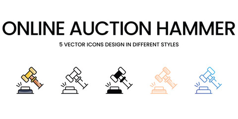 Online Auction Hammer vector icons set ready to use wed and mobile apps.