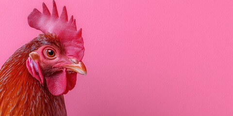 Red Rooster Portrait on Pink Background   Farm Animal Photography
