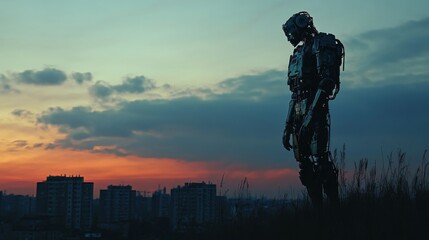 Fototapeta premium Robotic Figure Overlooking Cityscape at Sunset