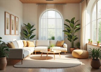 Fototapeta premium Modern minimalist living room interior design with large arched windows bathing the room in sunlight