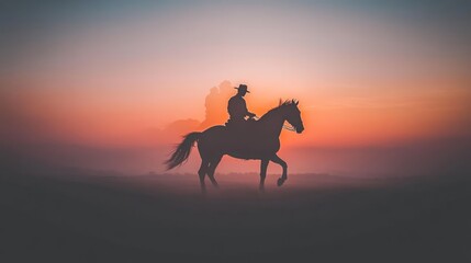 A lone cowboy rides his horse through a misty field at sunrise, their silhouettes outlined against the vibrant sky.