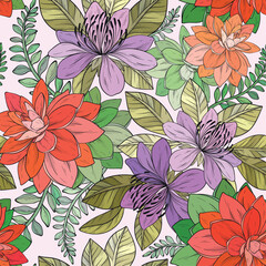 Seamless colorful pattern with Tropical plants, flowers and leaves on black background.