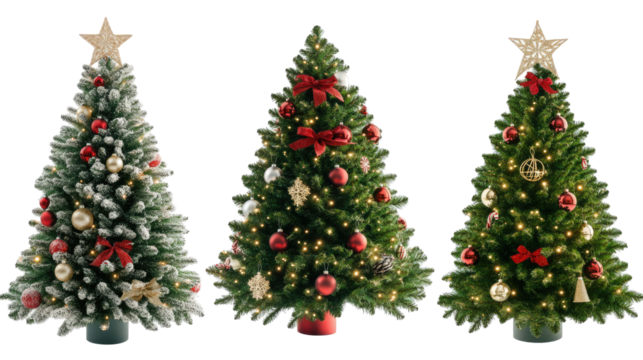 Beautifully Decorated Christmas Trees on Clear Background Generative AI
