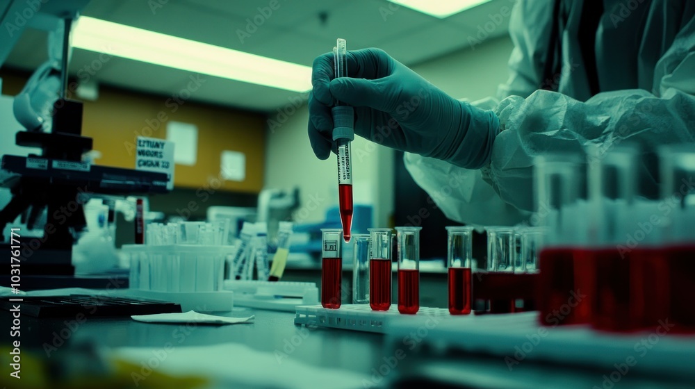 Poster scientist in a lab coat filling test tubes with red liquid