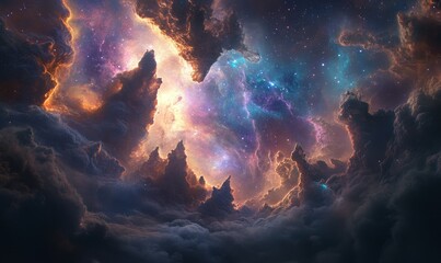 Obraz premium A starry sky over a rocky, icy landscape.