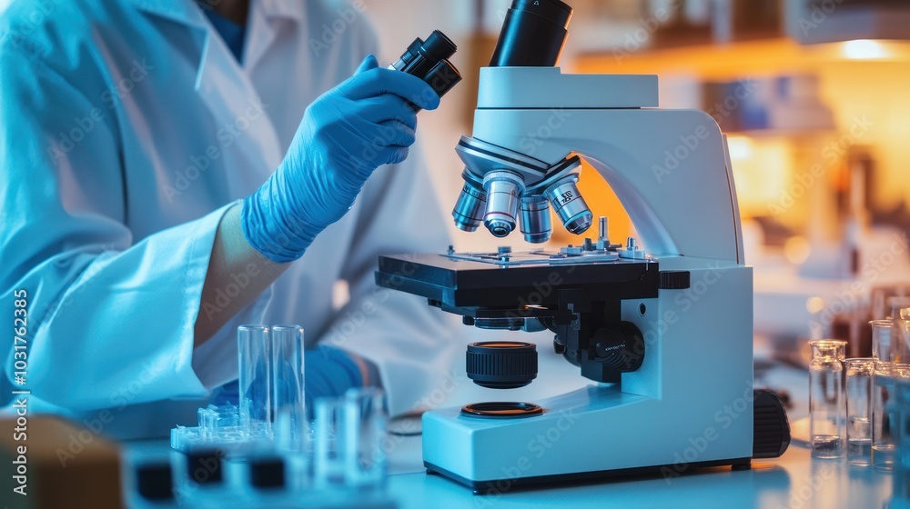 Poster Scientist Adjusting a Microscope in a Lab