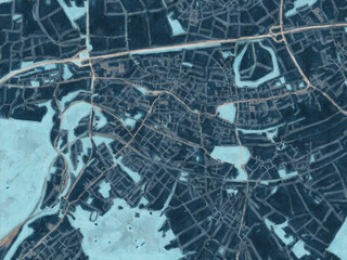 Painterly Style City Map of Eschweiler, Germany in a Blue Color Scheme.