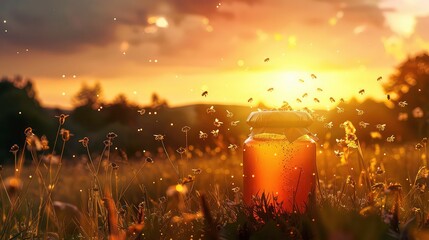 A glass jar filled with honey sits in a field of grass, surrounded by bees flying around it as the sun sets in the background.