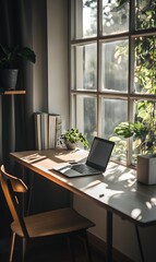 90. A simple, modern desk with natural light flooding in
