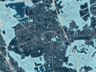 Painterly Style City Map of Hilden, Germany in a Blue Color Scheme.