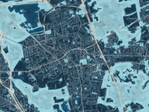 Painterly Style City Map of Hilden, Germany in a Blue Color Scheme.