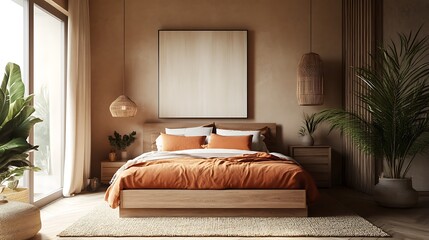 Elegant and Cozy Modern Bedroom Interior Design with Stylish Decor, mockup, poster and Background