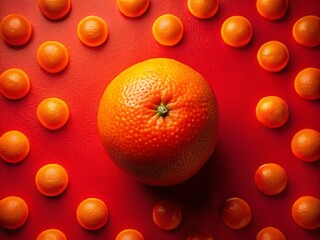 Vibrant Food Photography: Fresh Orange on a Bold Red Background with Playful Circles for Eye-Catching Culinary Imagery