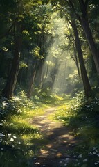 Naklejka premium 91. A tranquil forest clearing with soft sunlight