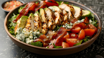A classic Cobb salad with grilled chicken, bacon, avocado, tomatoes, and blue cheese
