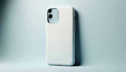  A white phone case leaning against a light blue wall...Concept: Phone case mockup, minimalist, clean design, product showcase.
