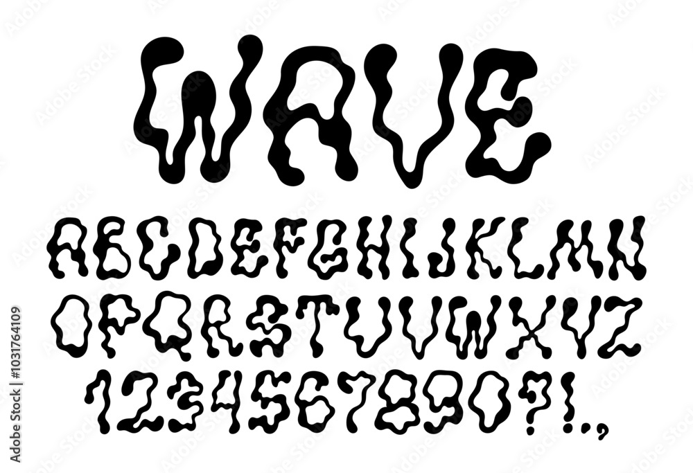 Fototapete wavy groovy letters. trembling font. typescript with fluid liquid effect. y2k alphabet. black and wh