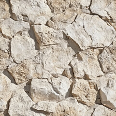 Natural stone wall seamless texture featuring light, irregularly shaped rocks in beige and white tones, creating a rustic and sturdy design