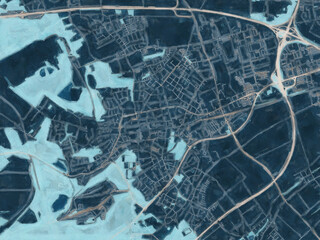 Painterly Style City Map of Frechen, Germany in a Blue Color Scheme.