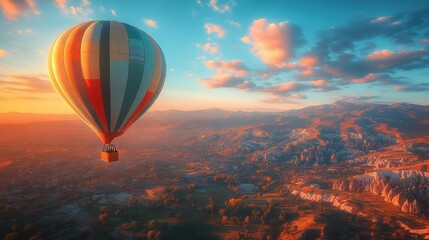 Obraz premium A colorful hot air balloon soaring over a scenic landscape at sunset.